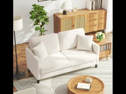 Sofá*DripeX 2/3 assentos em Teddy Velvet, sofá de conforto à direita em madeira maciça, sofá com apoios de braços, 165x78x89cm, Bege