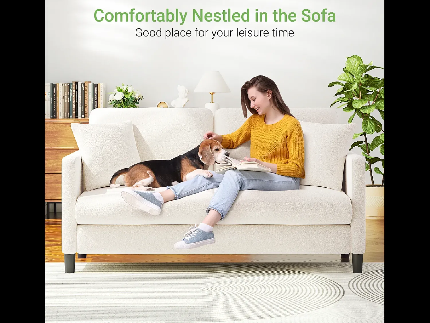 Sofá*DripeX 2/3 assentos em Teddy Velvet, sofá de conforto à direita em madeira maciça, sofá com apoios de braços, 165x78x89cm, Bege