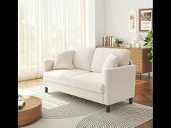 Sofá*DripeX 2/3 assentos em Teddy Velvet, sofá de conforto à direita em madeira maciça, sofá com apoios de braços, 165x78x89cm, Bege