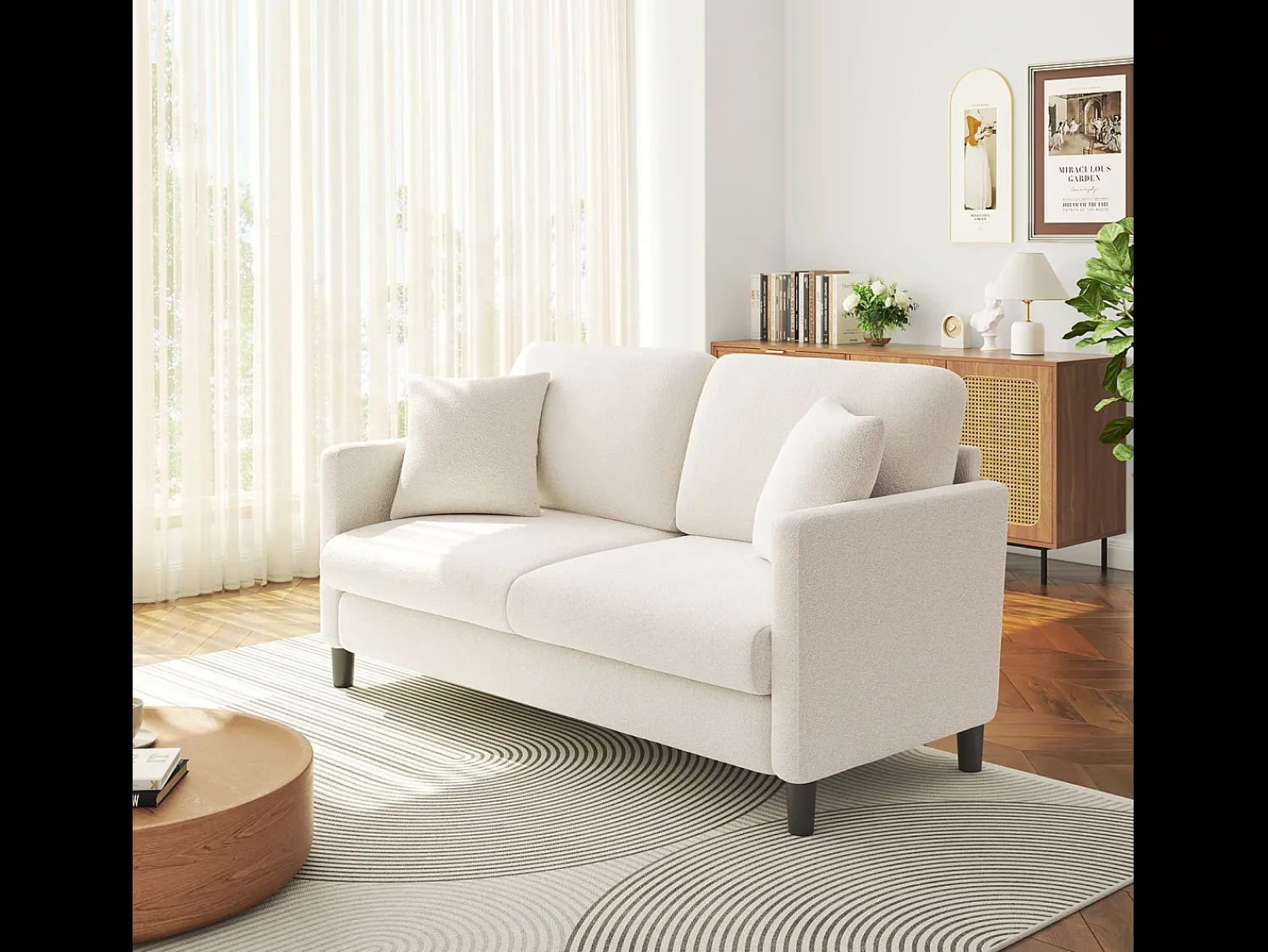 Sofá*DripeX 2/3 assentos em Teddy Velvet, sofá de conforto à direita em madeira maciça, sofá com apoios de braços, 165x78x89cm, Bege