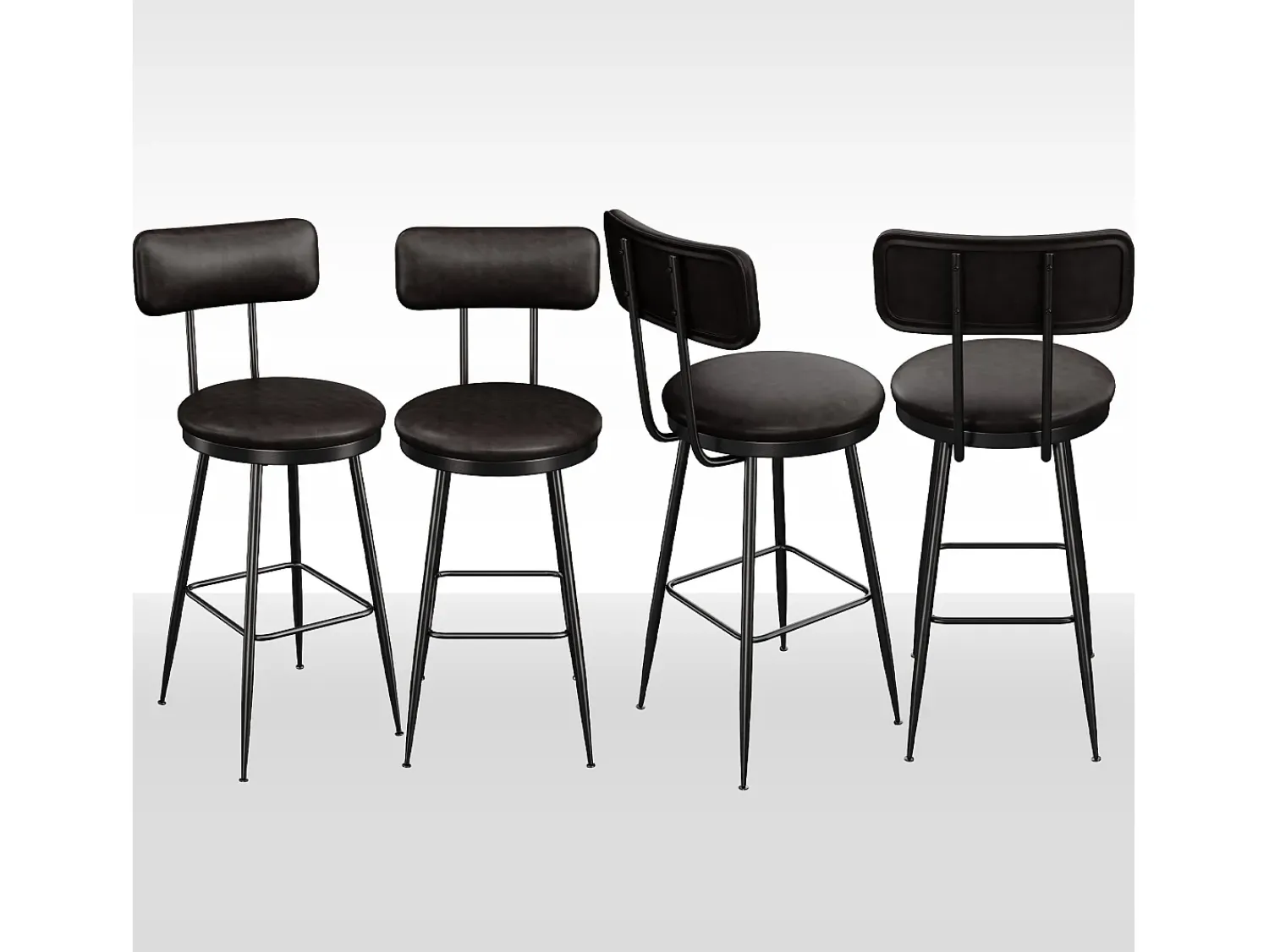 Banco| 4 cadeiras de balcão pretas com encosto, couro sintético, altura do assento 65 cm Preto