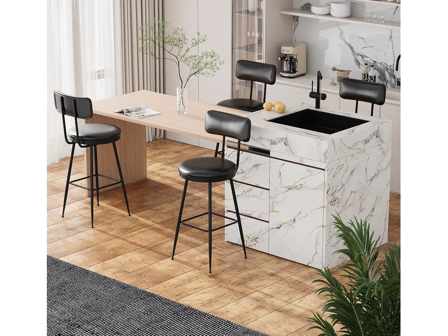 New 2 cadeiras de balcão pretas com encosto, couro sintético, altura do assento 65 cm, para cozinha Preto