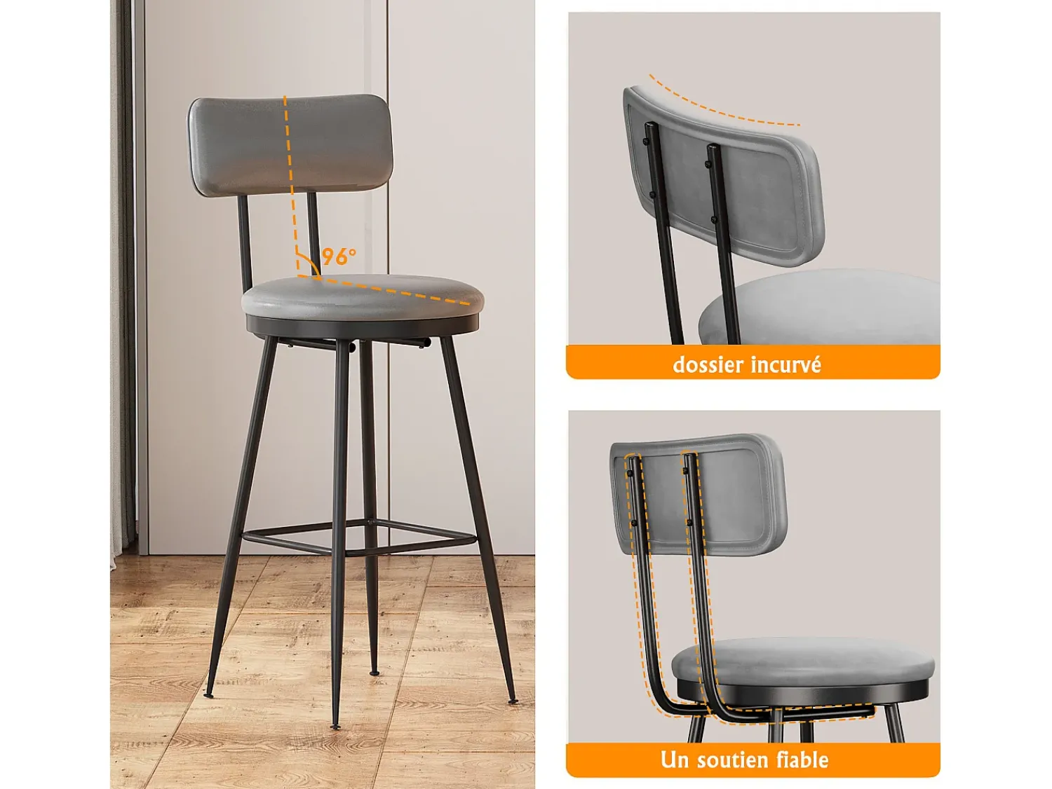 2 cadeiras de bar cinza com encosto, estilo industrial, altura do assento 65 cm, couro sintético^ Banco