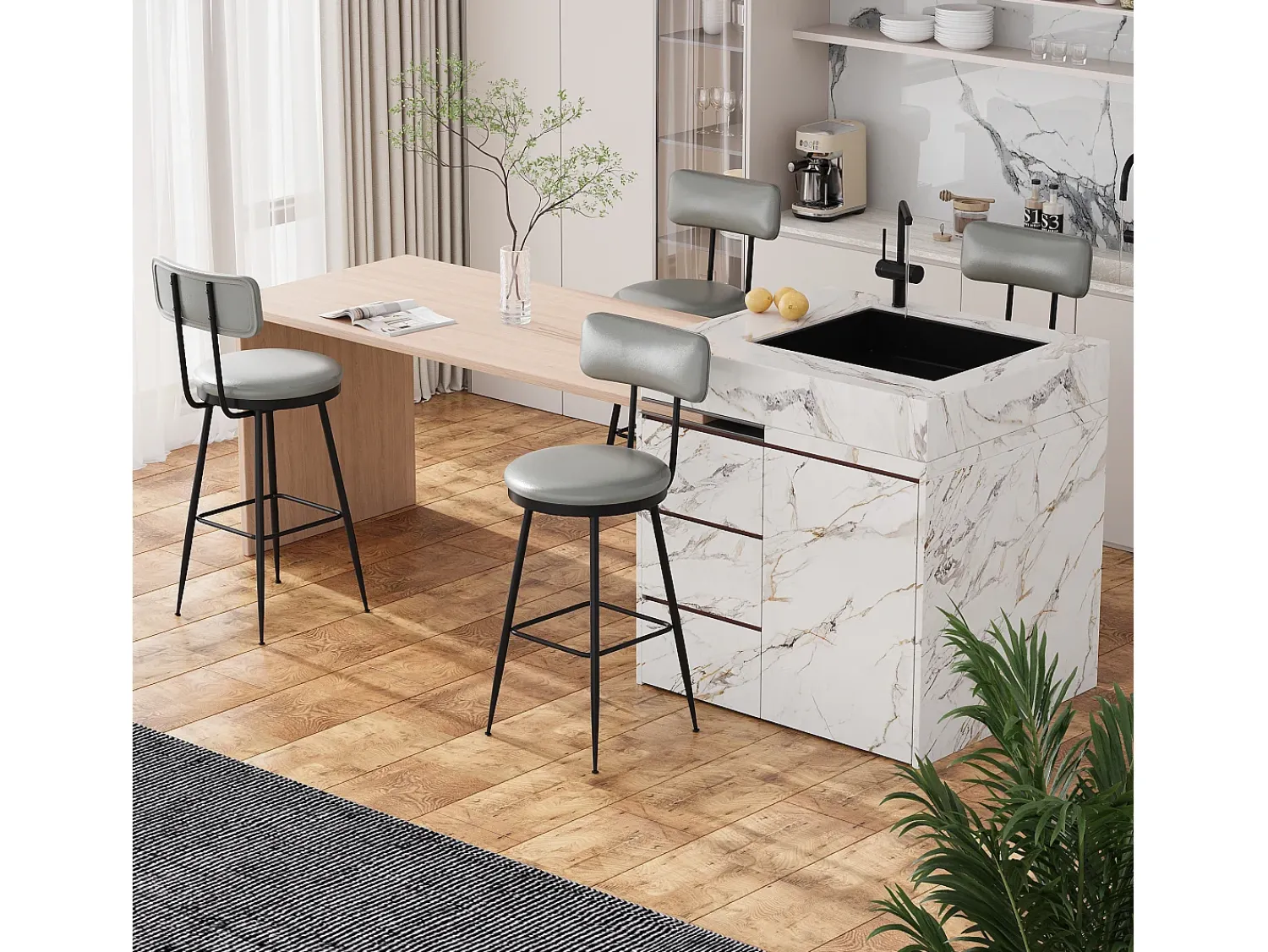 2 cadeiras de bar cinza com encosto, estilo industrial, altura do assento 65 cm, couro sintético^ Banco