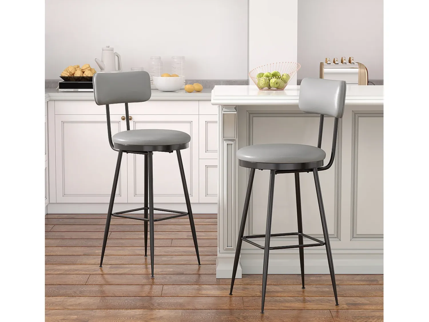 2 cadeiras de bar cinza com encosto, estilo industrial, altura do assento 65 cm, couro sintético^ Banco