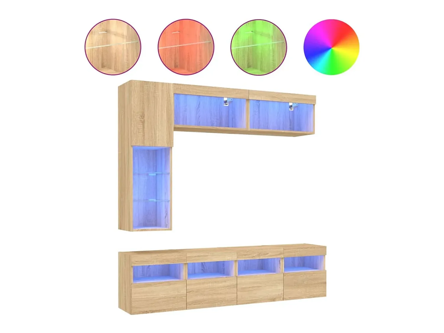 Móvel De Tv*vidaxl 7 pcs conj. móveis de parede p/ TV c/ luzes LED carvalho sonoma Castanho