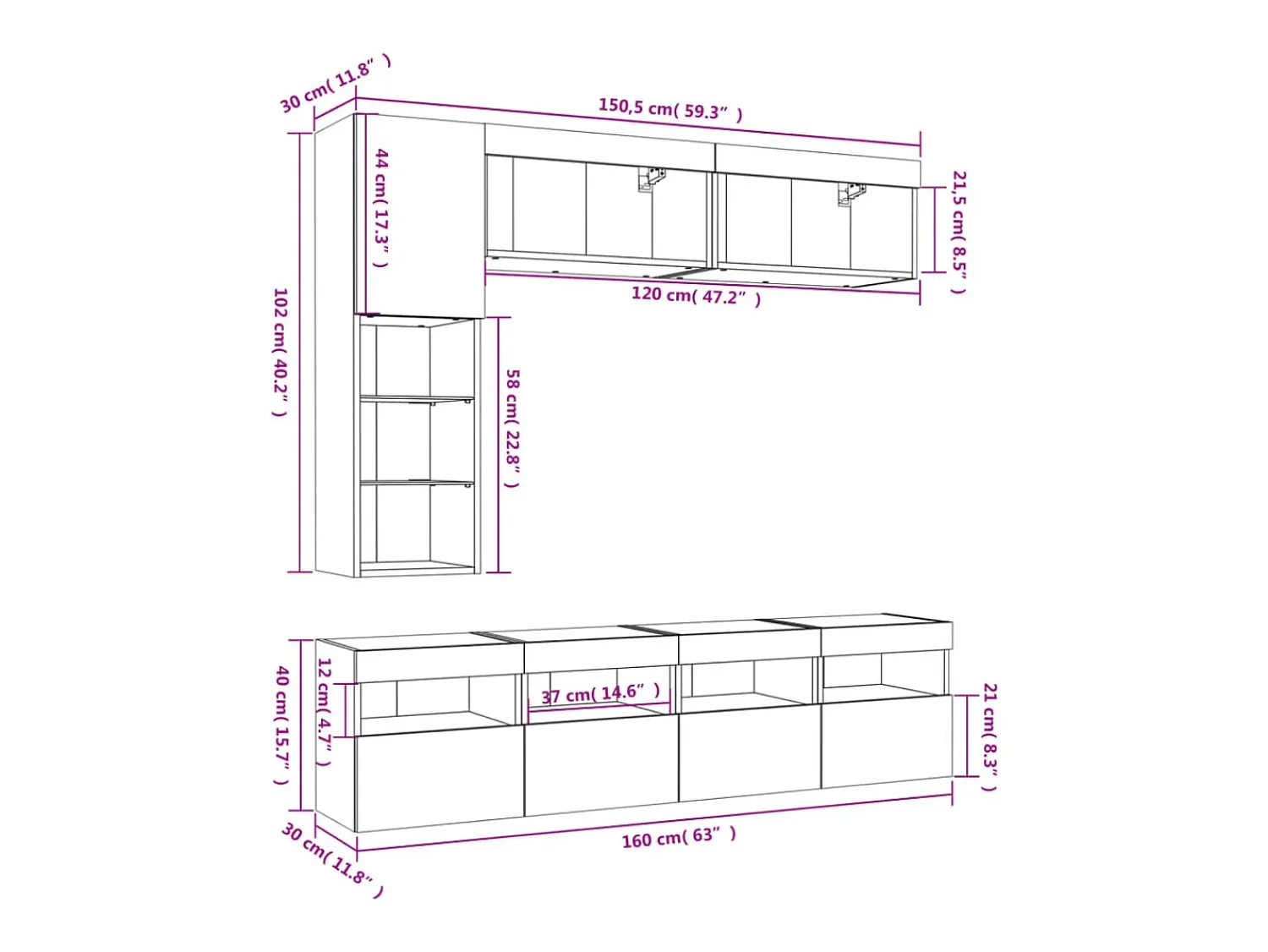 Móvel De Tv*vidaxl 7 pcs conj. móveis de parede p/ TV c/ luzes LED carvalho sonoma Castanho
