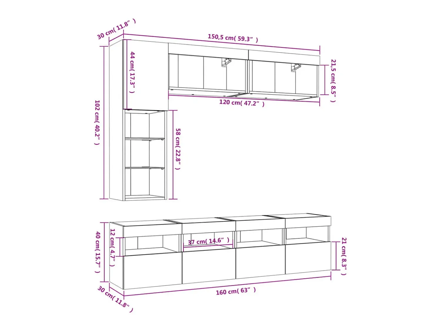Móvel De Tv*vidaxl 7 pcs conj. móveis de parede p/ TV c/ luzes LED carvalho fumado Castanho