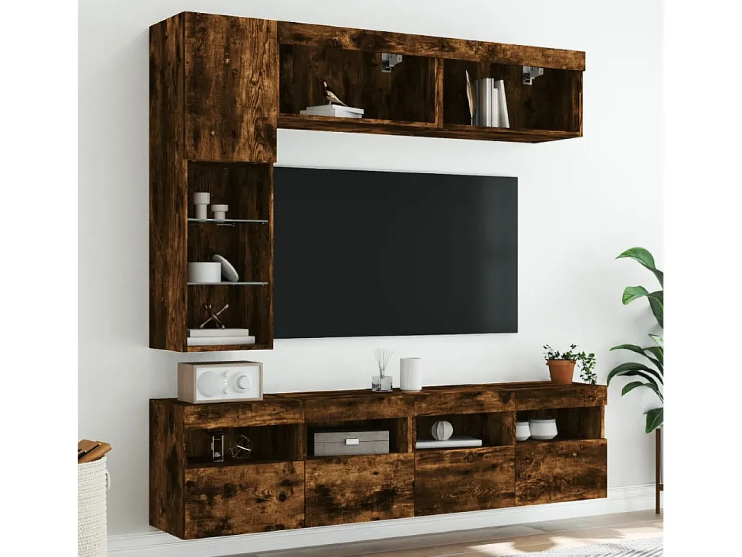 Móvel De Tv*vidaxl 7 pcs conj. móveis de parede p/ TV c/ luzes LED carvalho fumado Castanho