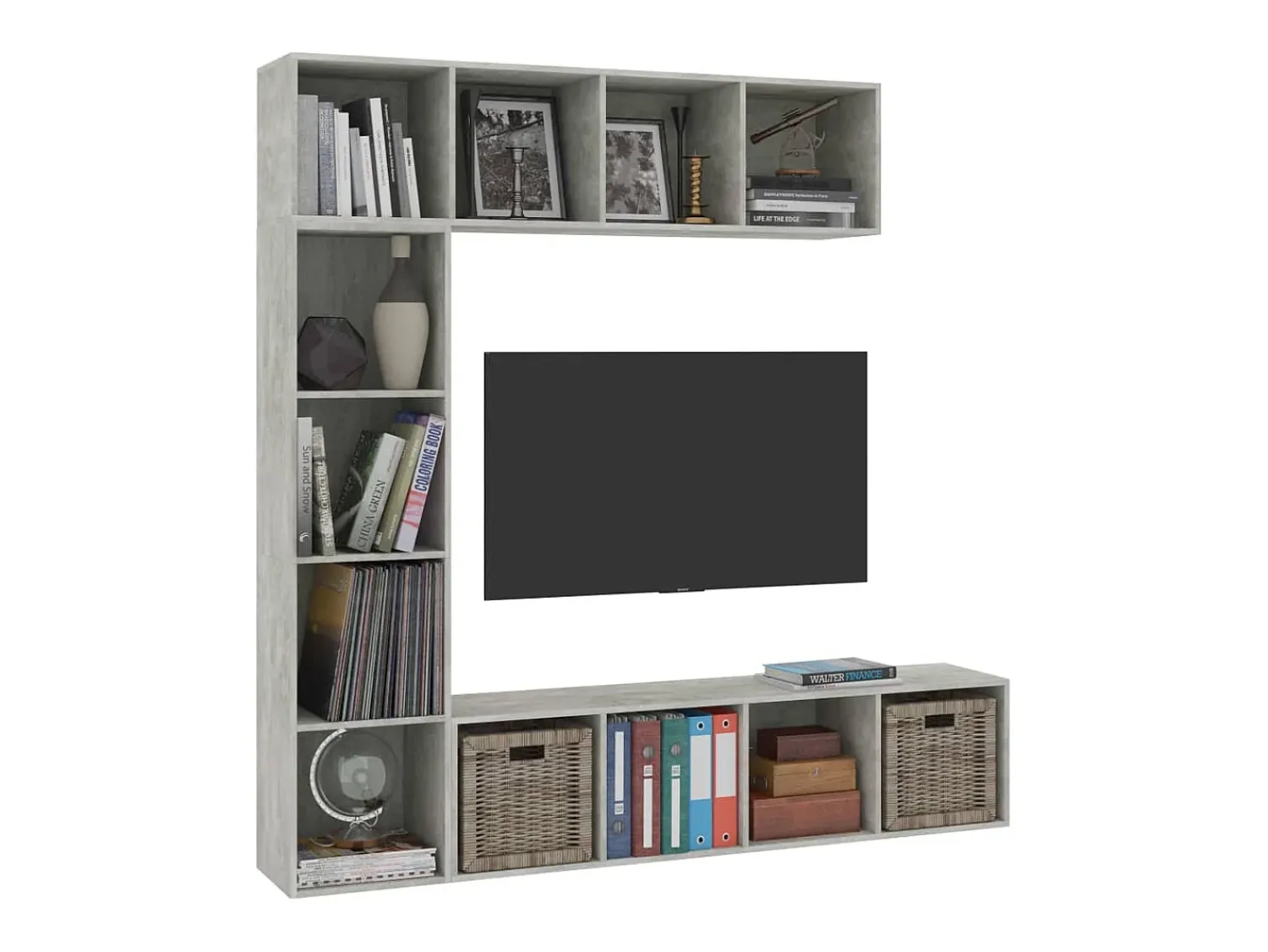 3 pcs conjunto armário TV/estante 180x30x180cm cimento PT784275^ Biblioteca