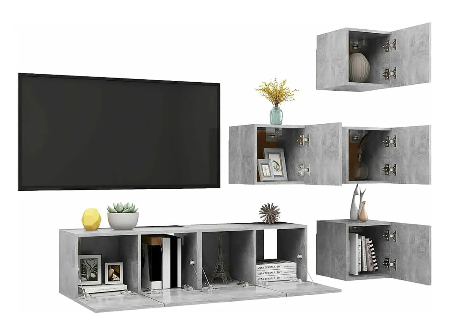 Móvel De Tv* 6 pcs conjunto de móveis de TV contraplacado cimento PT664877 Cinzento