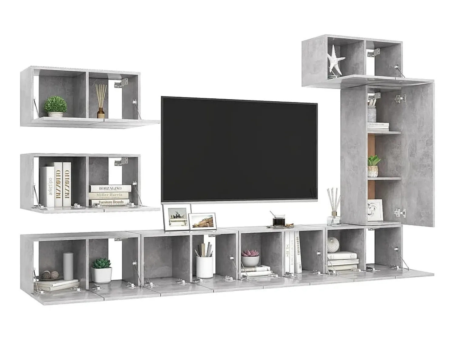Móvel De Tv| 8 pcs conjunto de móveis de TV derivados madeira cinza cimento PT114633 Cinzento
