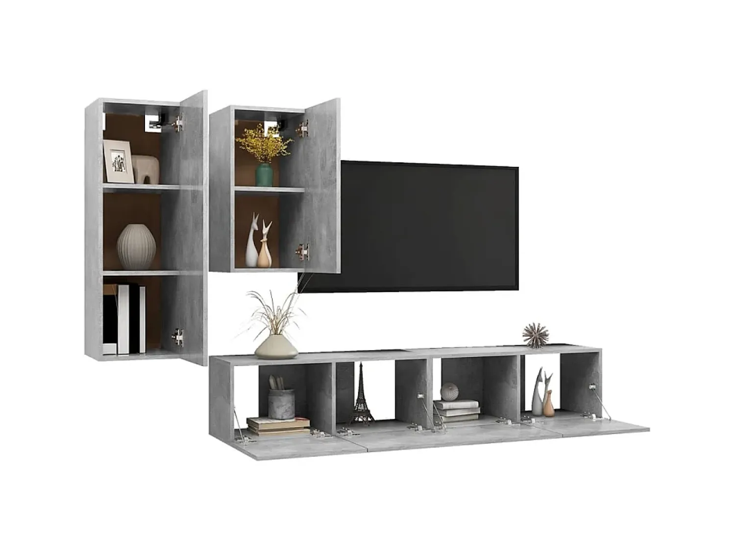 4 pcs conjunto de móveis de TV derivados madeira cinza cimento PT314764^ Móvel De Tv