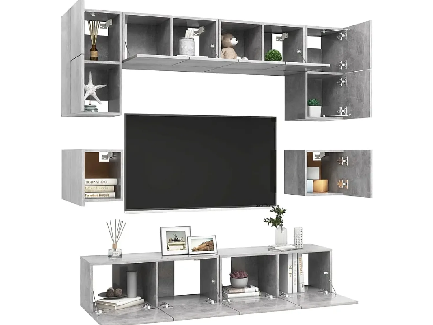 Móvel De Tv| 8 pcs conjunto de móveis TV derivados madeira cimento PT365267 Cinzento