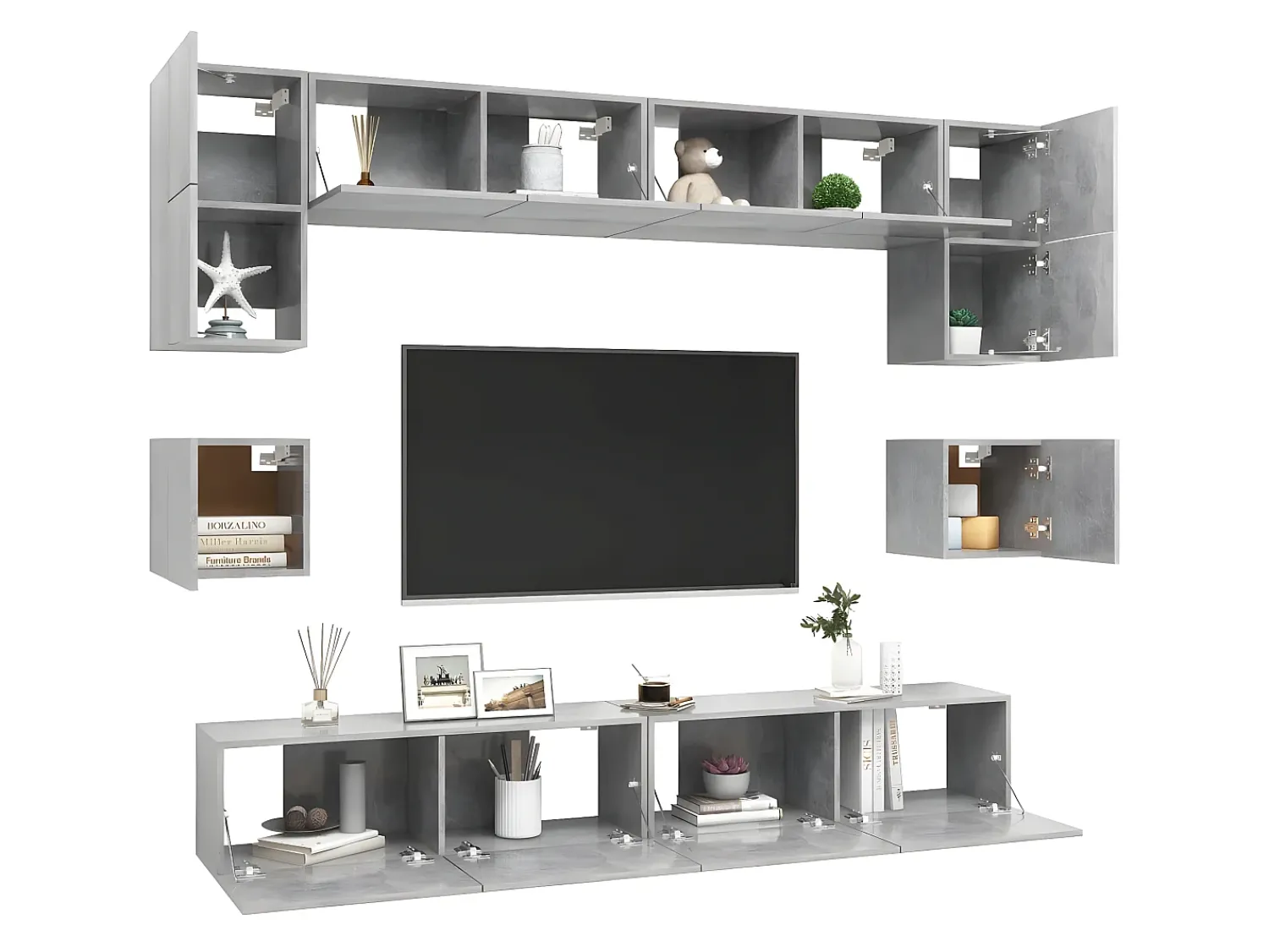 Móvel De Tv| 8 pcs conjunto de móveis TV derivados madeira cimento PT302026 Cinzento