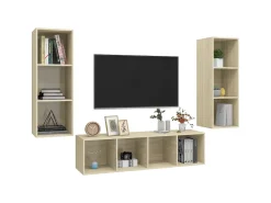 Móvel De Tv| 3 pcs conjunto móveis de TV derivados madeira carvalho sonoma PT440827 Castanho