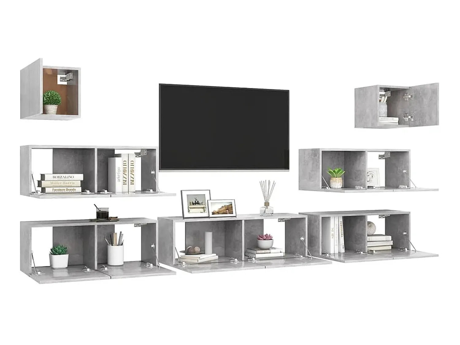 Móvel De Tv| 7 pcs conjunto móveis TV derivados de madeira cimento PT808952 Cinzento