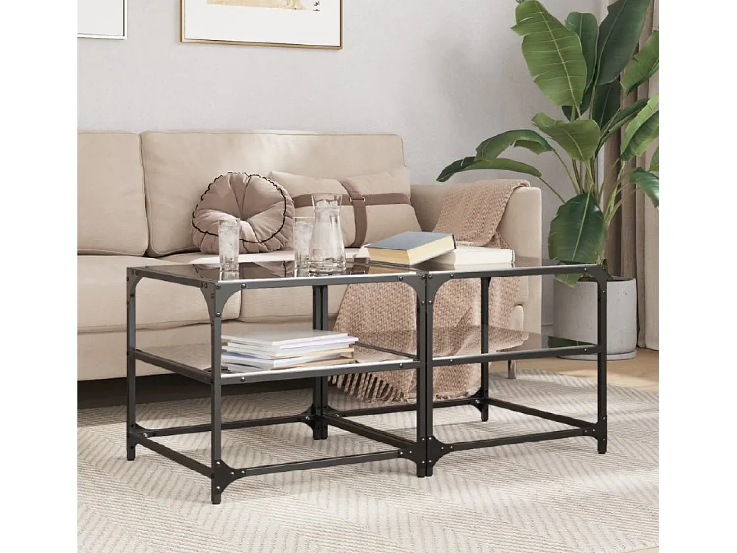 2 pcs Mesas de centro | Mesa de apoio | Mesa de café c/ topo em vidro 50x50x45 cm aço^ Mesa De Centro