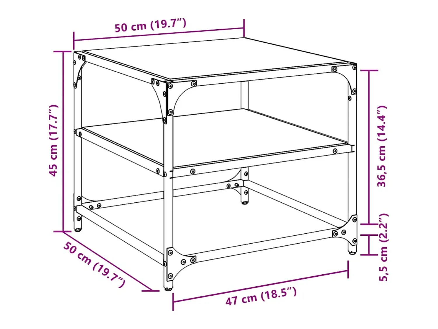 2 pcs Mesas de centro | Mesa de apoio | Mesa de café c/ topo em vidro 50x50x45 cm aço^ Mesa De Centro