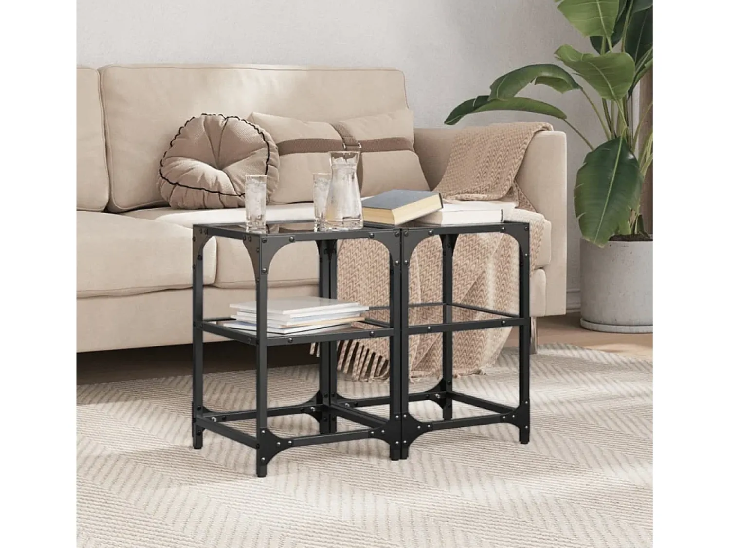 2 pcs Mesas de centro | Mesa de apoio | Mesa de café c/ tampo em vidro 30x30x45 cm aço^ Mesa De Centro