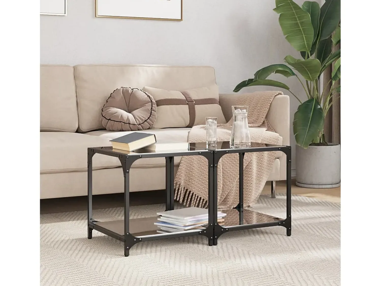 Best 2 pcs Mesas de centro | Mesa de apoio | Mesa de café c/ topo em vidro 40x40x40 cm aço Preto