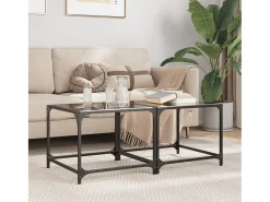 Mesa De Centro* 2 pcs Mesas de centro | Mesa de apoio | Mesa de café c/ topo em vidro 50x50x40 cm aço Preto