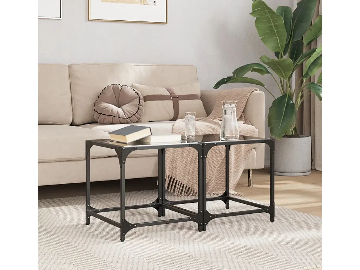 2 pcs Mesas de centro | Mesa de apoio | Mesa de café c/ topo em vidro 40x40x40 cm aço^ Mesa De Centro