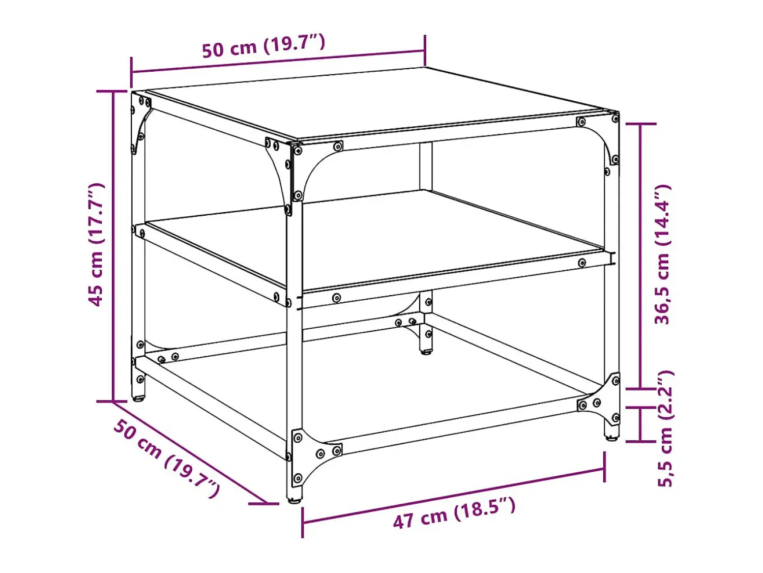2 pcs Mesas de centro | Mesa de apoio | Mesa de café c/ topo vidro 50x50x45cm aço Transparente