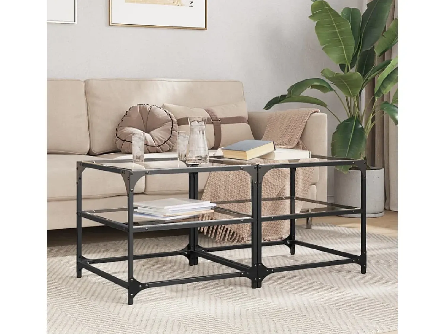 2 pcs Mesas de centro | Mesa de apoio | Mesa de café c/ topo vidro 50x50x45cm aço Transparente