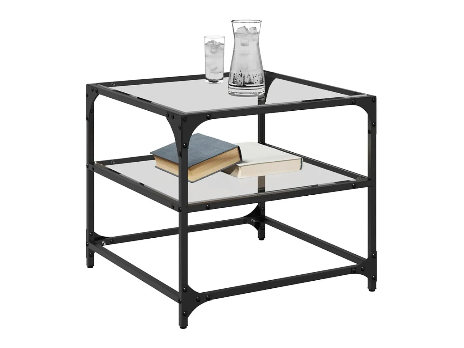 2 pcs Mesas de centro | Mesa de apoio | Mesa de café c/ topo vidro 50x50x45cm aço Transparente