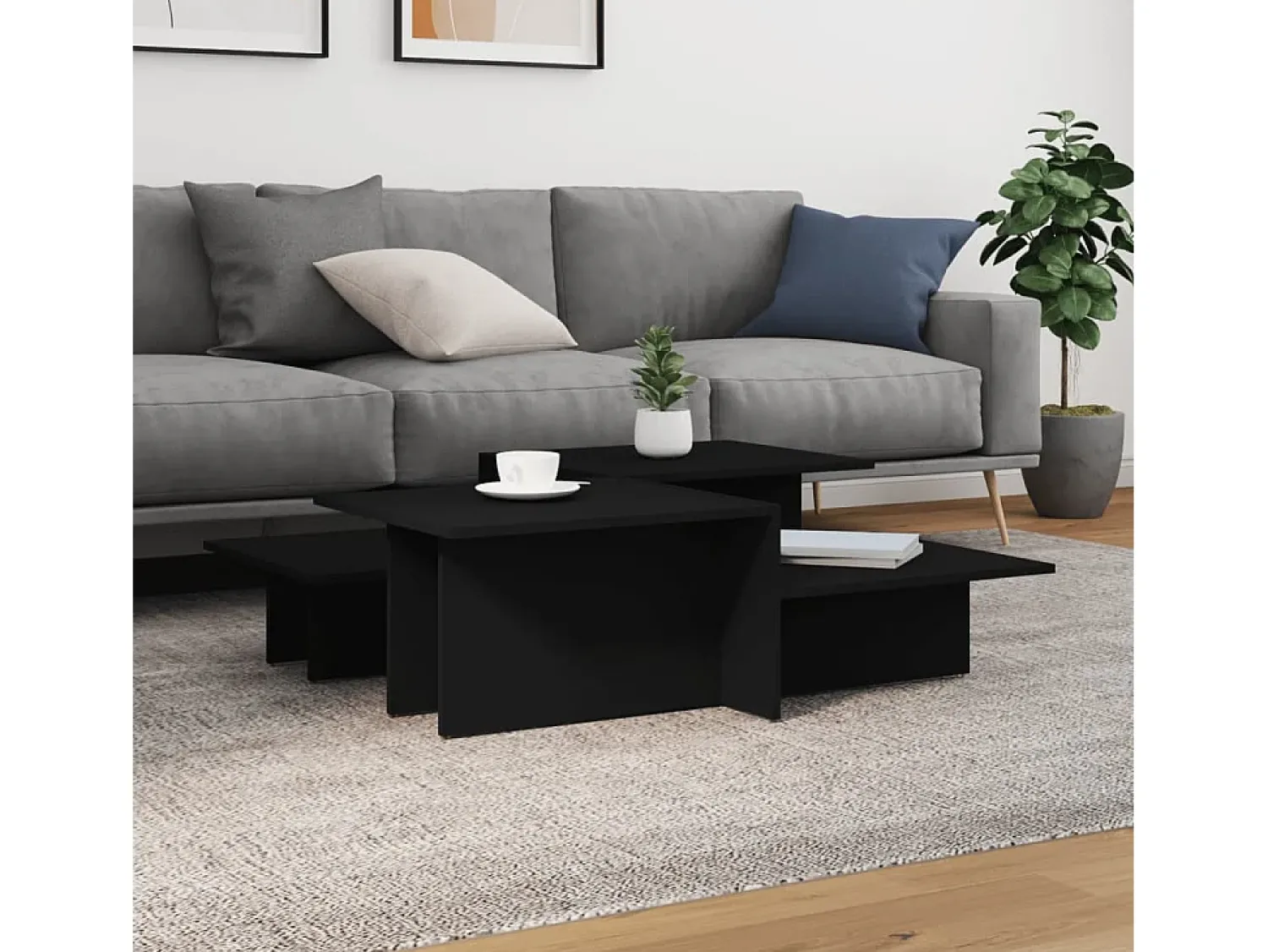 Mesa De Centro* 2 pcs Mesas de centro | Mesa de apoio | Mesa de café derivados de madeira Preto