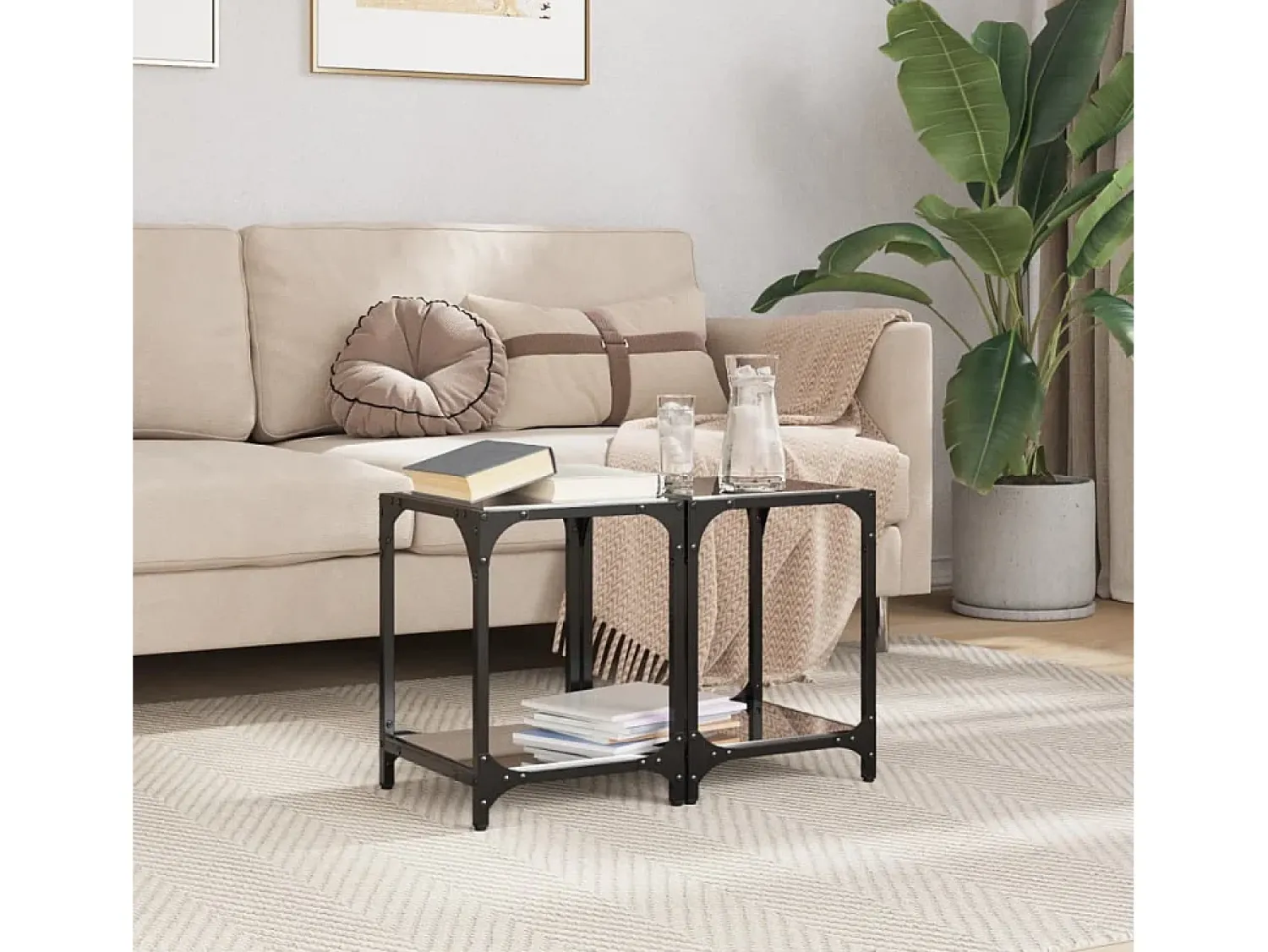 Mesa De Centro| 2 pcs Mesas de centro | Mesa de apoio | Mesa de café c/ topo em vidro 30x30x40 cm aço Preto