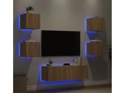 Móvel De Tv| 5 pcs móveis de parede para TV com luzes LED carvalho sonoma PT254587 Castanho