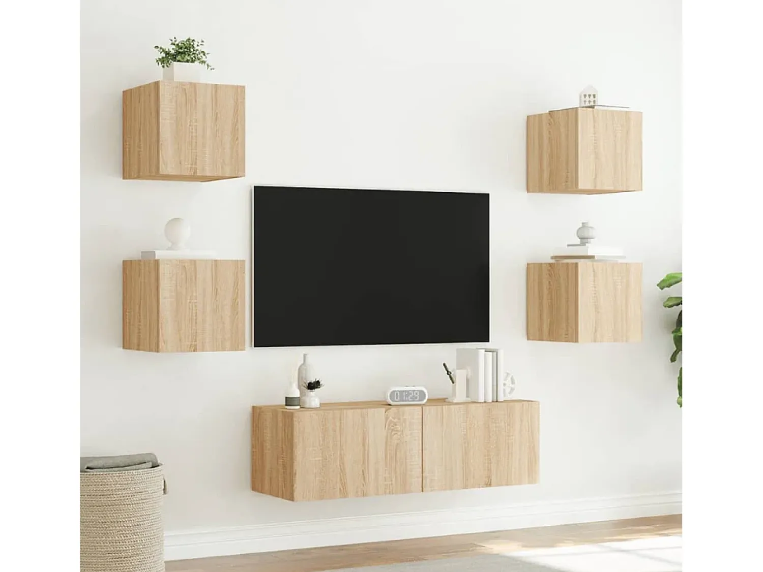 Móvel De Tv| 5 pcs móveis de parede para TV com luzes LED carvalho sonoma PT254587 Castanho