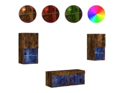 Móvel De Tv| 4 pcs móveis de parede para TV com luzes LED carvalho fumado PT912528 Castanho