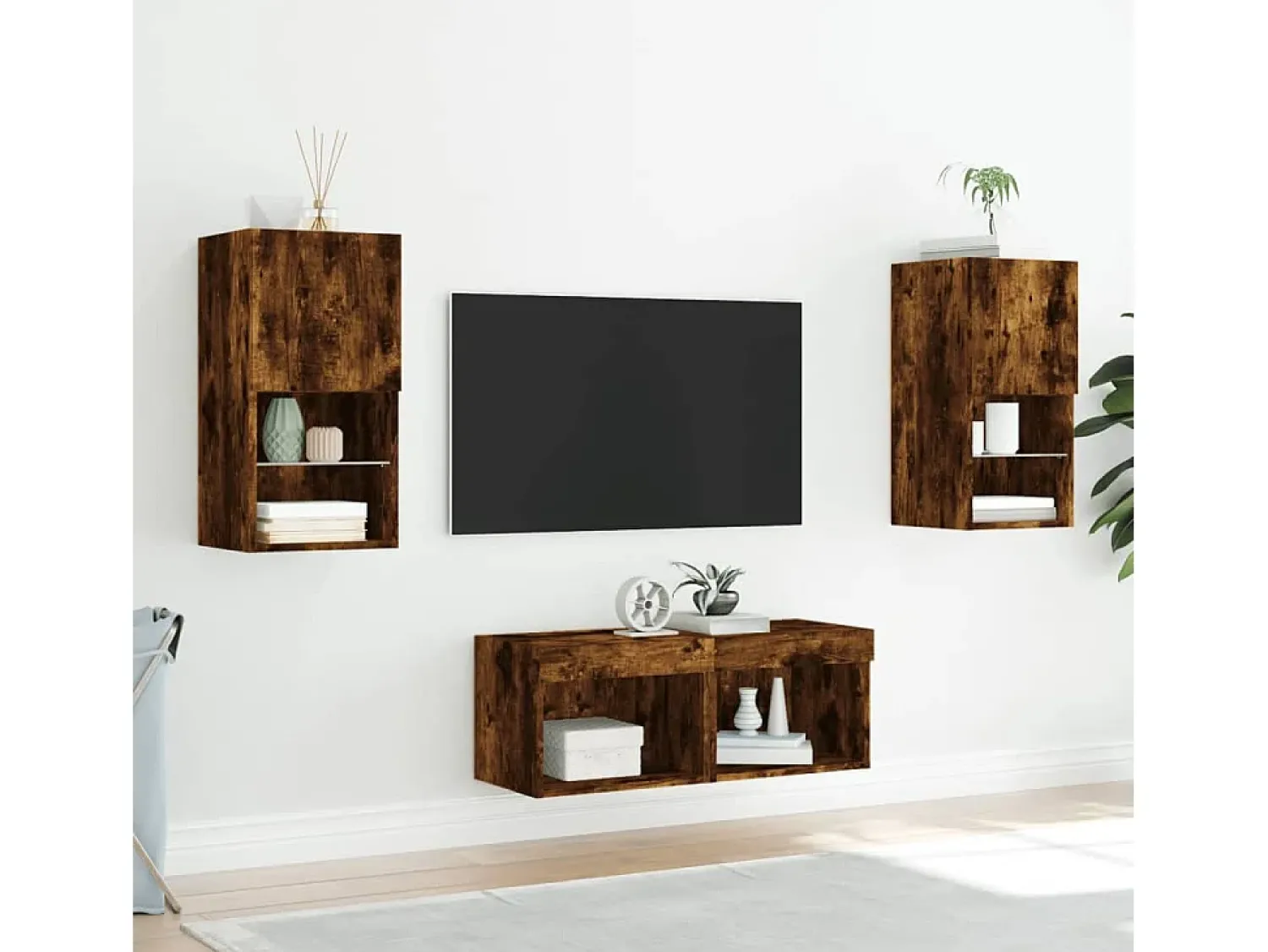 Móvel De Tv| 4 pcs móveis de parede para TV com luzes LED carvalho fumado PT912528 Castanho
