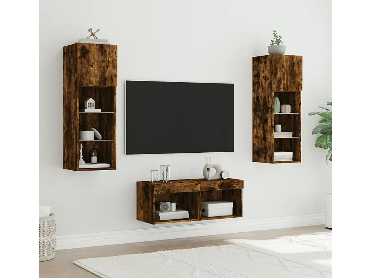 Móvel De Tv*vidaxl 4 pcs móveis de parede para TV com luzes LED carvalho fumado Castanho