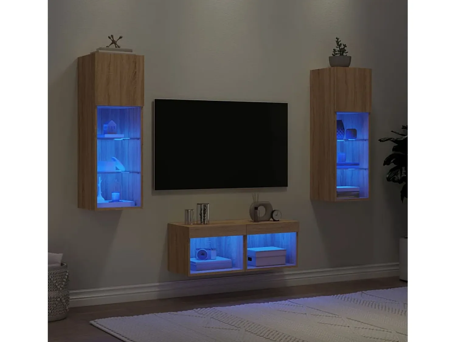 4 pcs móveis de parede para TV com luzes LED carvalho sonoma PT789676^ Móvel De Tv