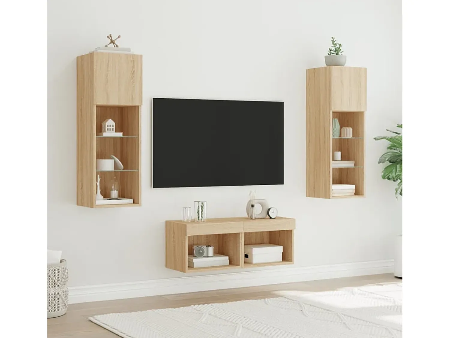 4 pcs móveis de parede para TV com luzes LED carvalho sonoma PT789676^ Móvel De Tv