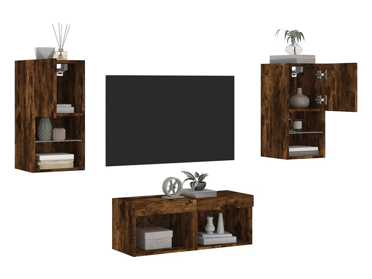 Móvel De Tv|vidaxl 4 pcs móveis de parede para TV com luzes LED carvalho fumado Natural escuro