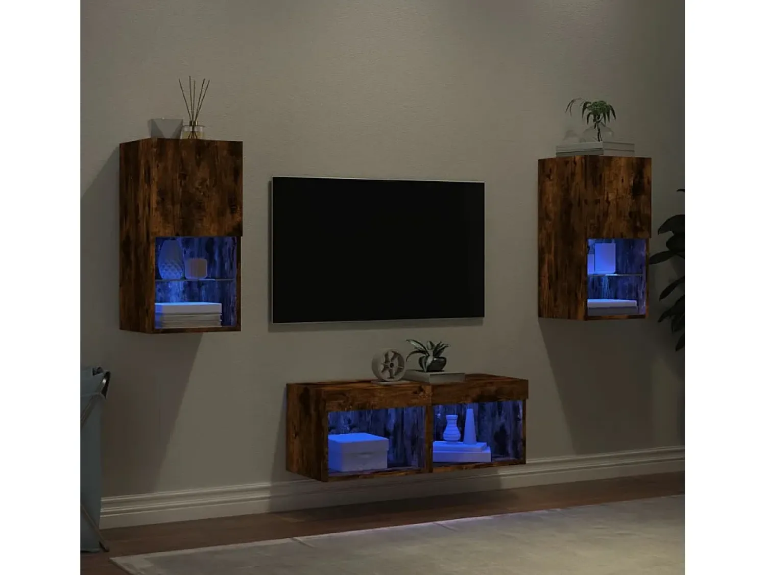 Móvel De Tv|vidaxl 4 pcs móveis de parede para TV com luzes LED carvalho fumado Natural escuro