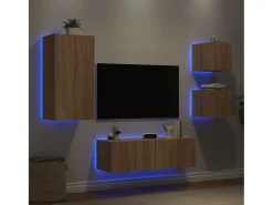 Outlet 4 pcs móveis de parede para TV com luzes LED carvalho sonoma PT261673 Castanho
