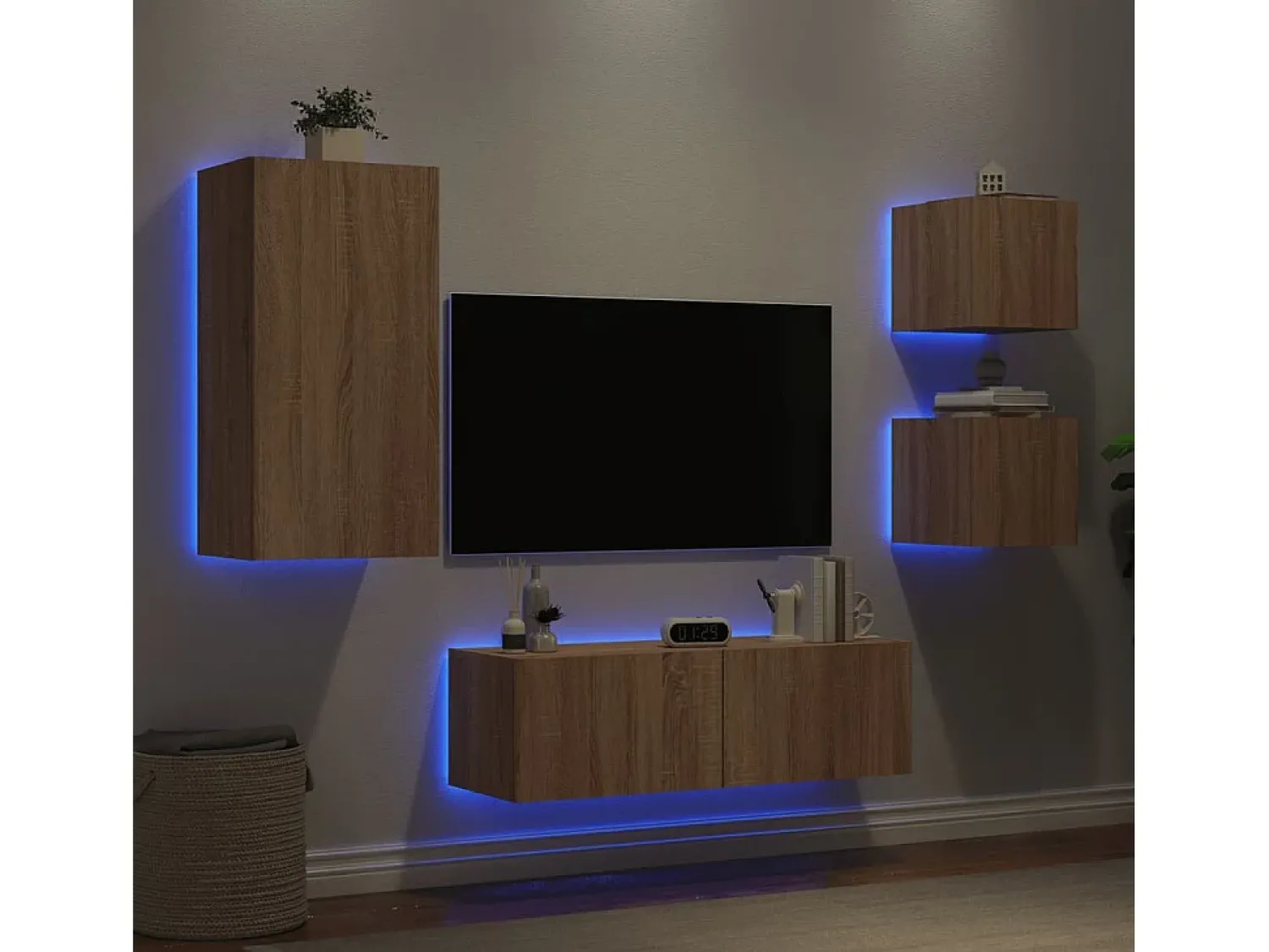 Outlet 4 pcs móveis de parede para TV com luzes LED carvalho sonoma PT261673 Castanho