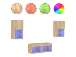 Clearance 4 pcs móveis de parede para TV com luzes LED carvalho sonoma PT926470 Castanho