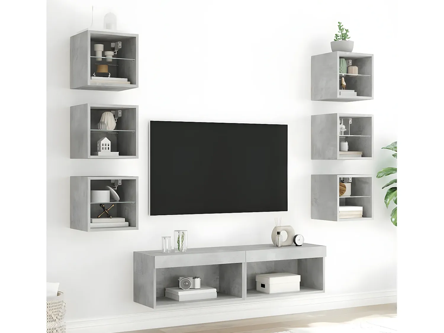 Móvel De Tv| 8 pcs móveis parede p/ TV c/ LEDs deriv. madeira cinza cimento PT531968 Cinzento