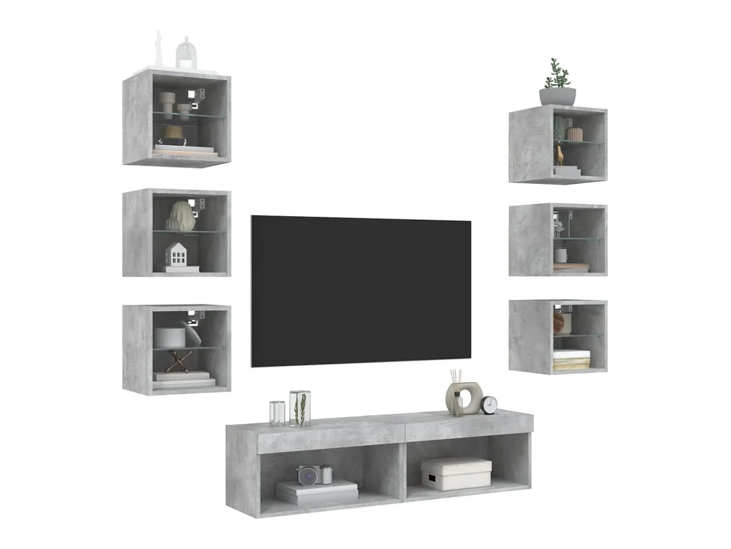 Móvel De Tv| 8 pcs móveis parede p/ TV c/ LEDs deriv. madeira cinza cimento PT531968 Cinzento
