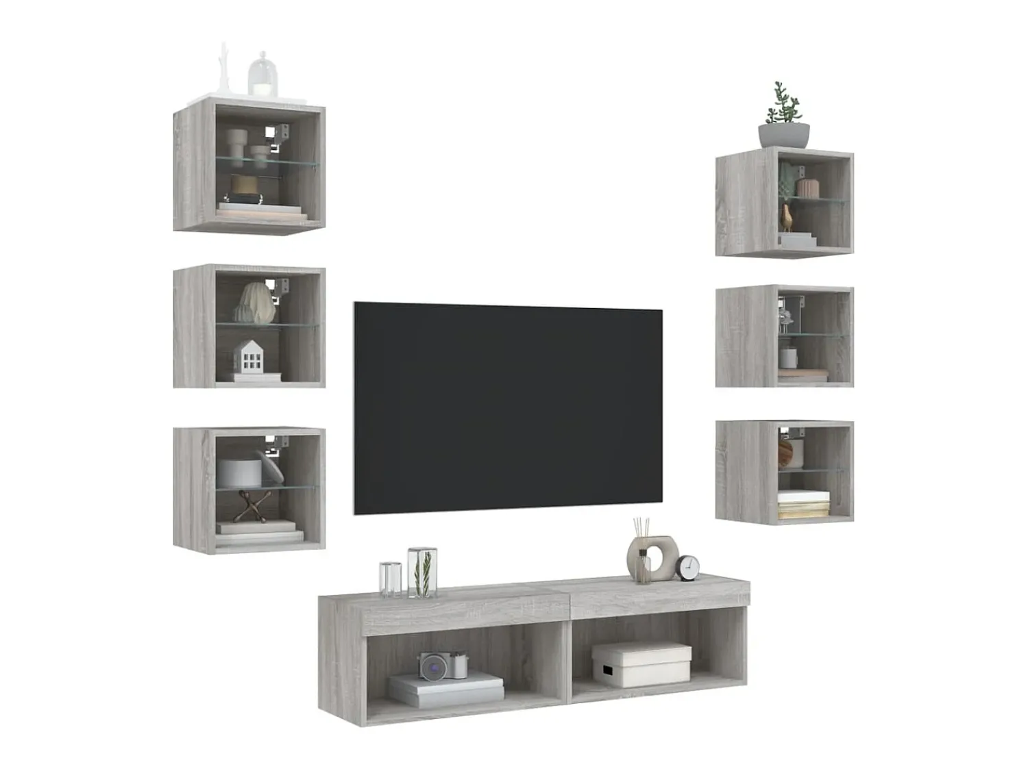 Hot vidaxl 8 pcs móveis parede p/ TV c/ LEDs deriv. madeira cinza sonoma Cinzento