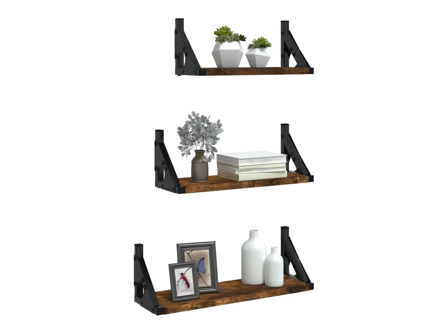 3 pcs prateleiras parede derivados de madeira carvalho fumado PT769265^ Prateleira