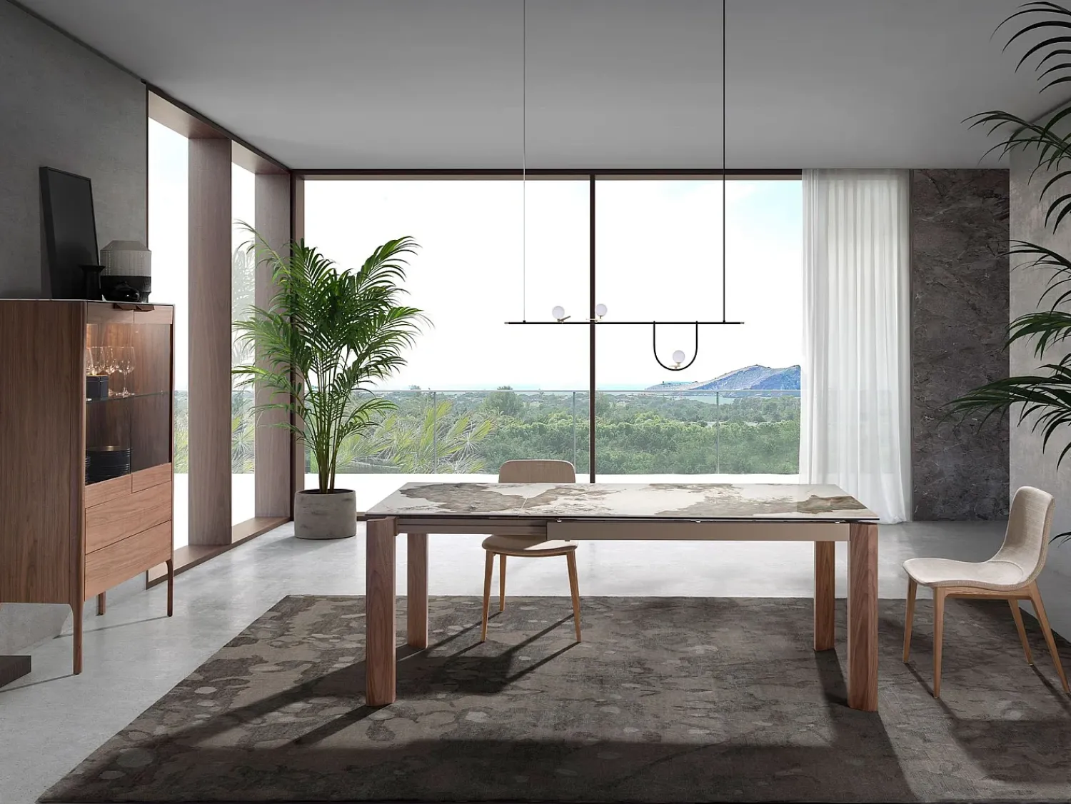 Vitrina|Angel Cerda Aparador alto em nogueira com tampo de vidro em imitação de mármore e iluminação interior 3075 Castanho