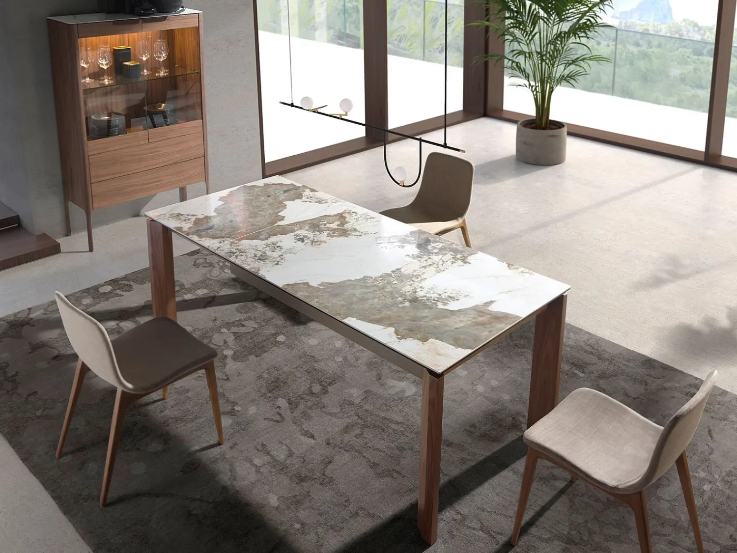 Vitrina|Angel Cerda Aparador alto em nogueira com tampo de vidro em imitação de mármore e iluminação interior 3075 Castanho
